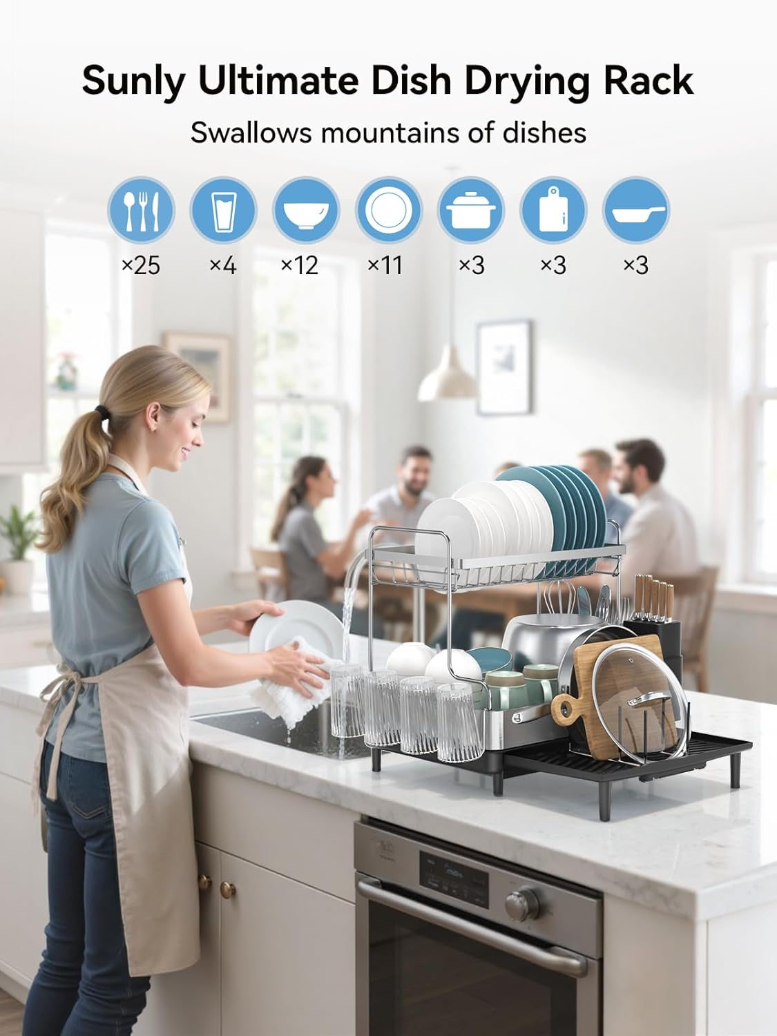 SUNLY 2 Tier Dish Drying Rack, Extra Large Dish Rack, Expandable Dish Racks for Kitchen Counter