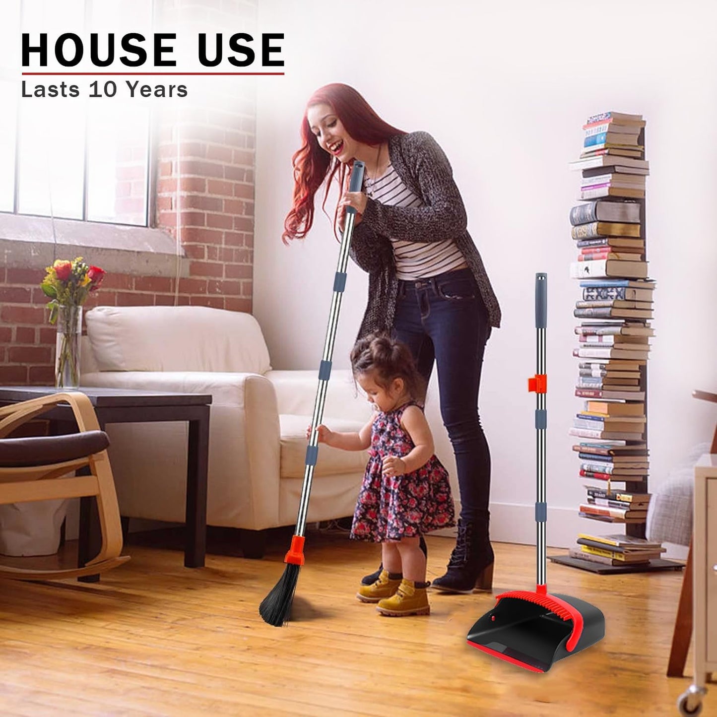 2-Pack is More economical，Broom and Dustpan， with 52" Long Handle, Dustpan Teeth with self-Cleaning