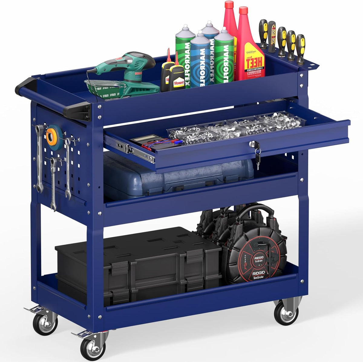 3 Tier Rolling Tool Cart on Wheels, Heavy Duty Service Cart Industrial Utility Cart with Drawer and