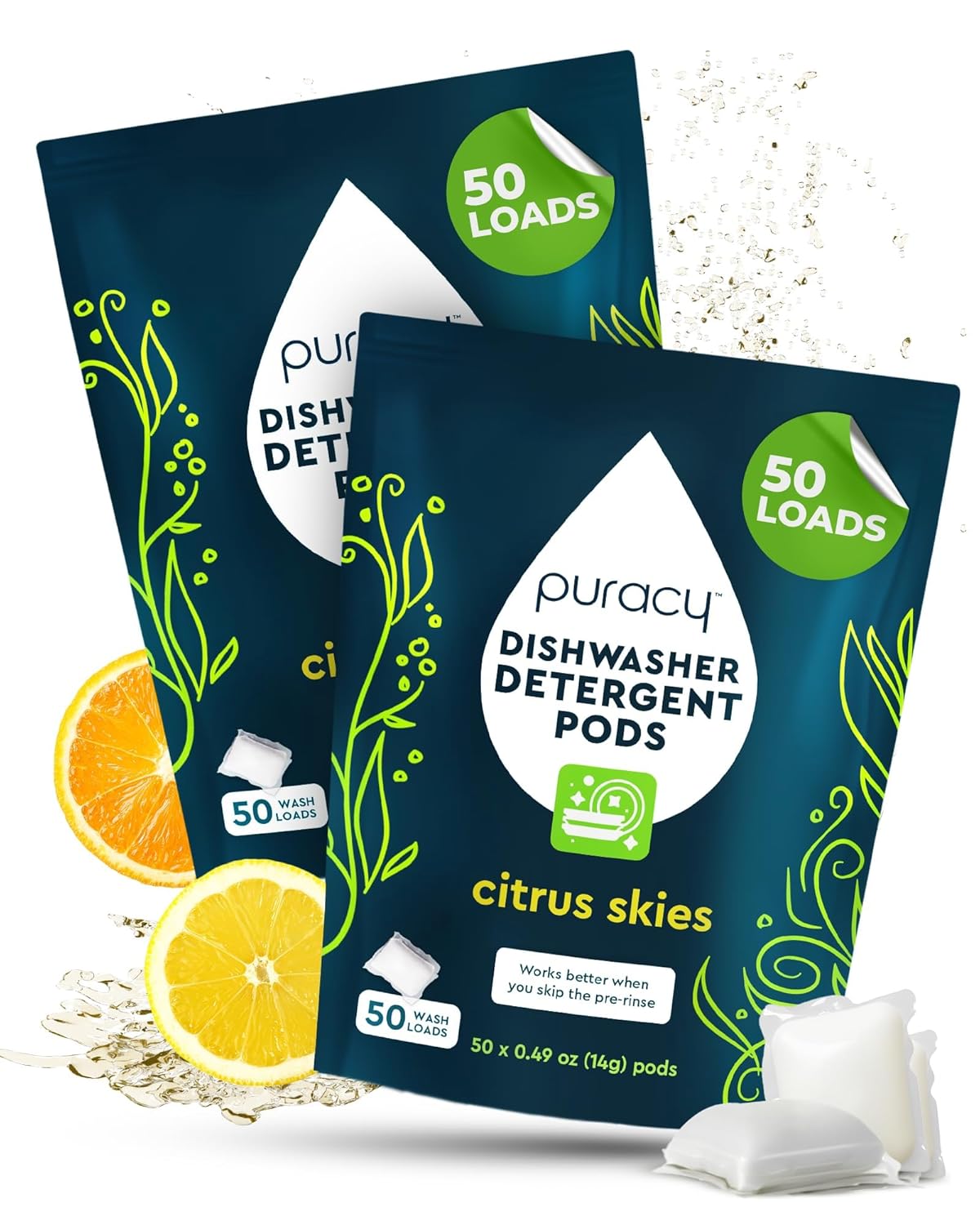 Puracy Dishwasher Pods, Natural Dishwasher Detergent, Citrus Skies Dish tabs - Enzyme-Powered, Spot