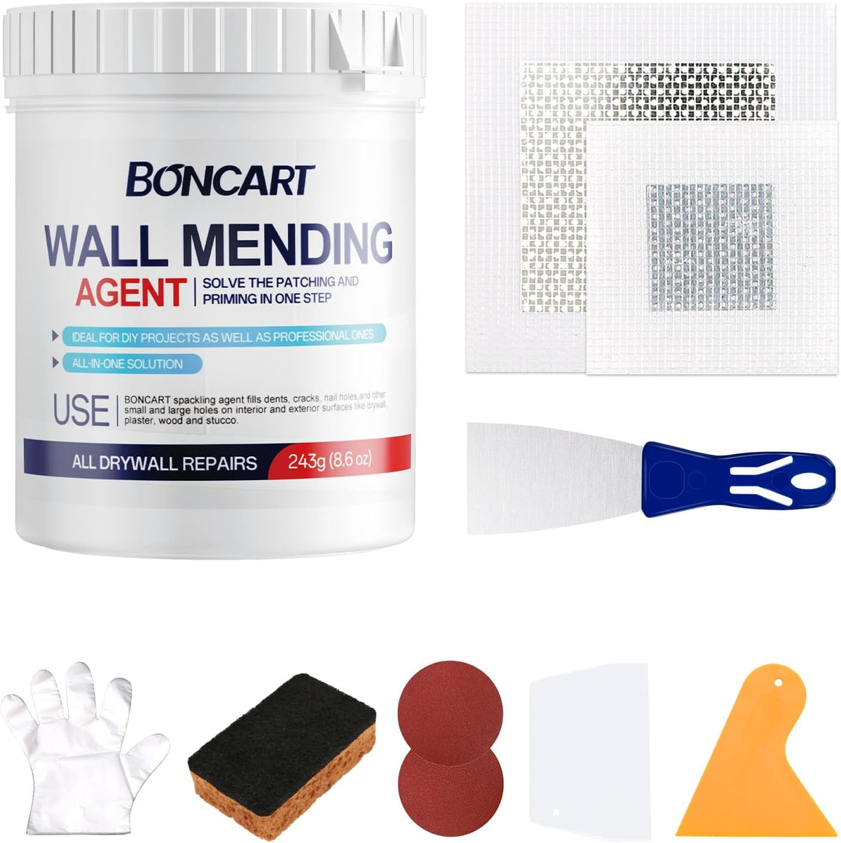 8.6oz Drywall Patch Repair Kit - Professional All-in-1 Tool Set (Scrapers/Sandpaper/Texture