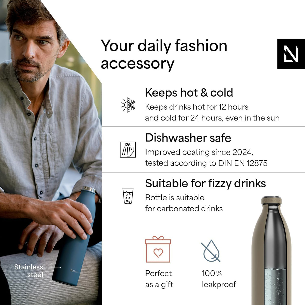LARS NYSØM Stainless Steel Insulated XL Water Bottle 12oz 17oz 25oz 34oz 51oz | Insulated Thermo