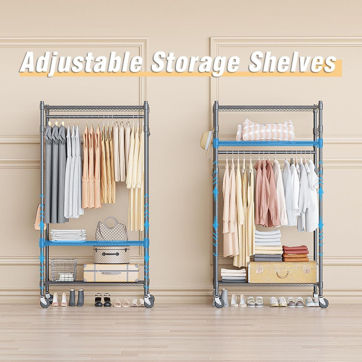 Homdox Garment Rack Heavy Duty, 3 Tier Rolling Clothing Racks for Hanging Clothes, Metal Wardrobe