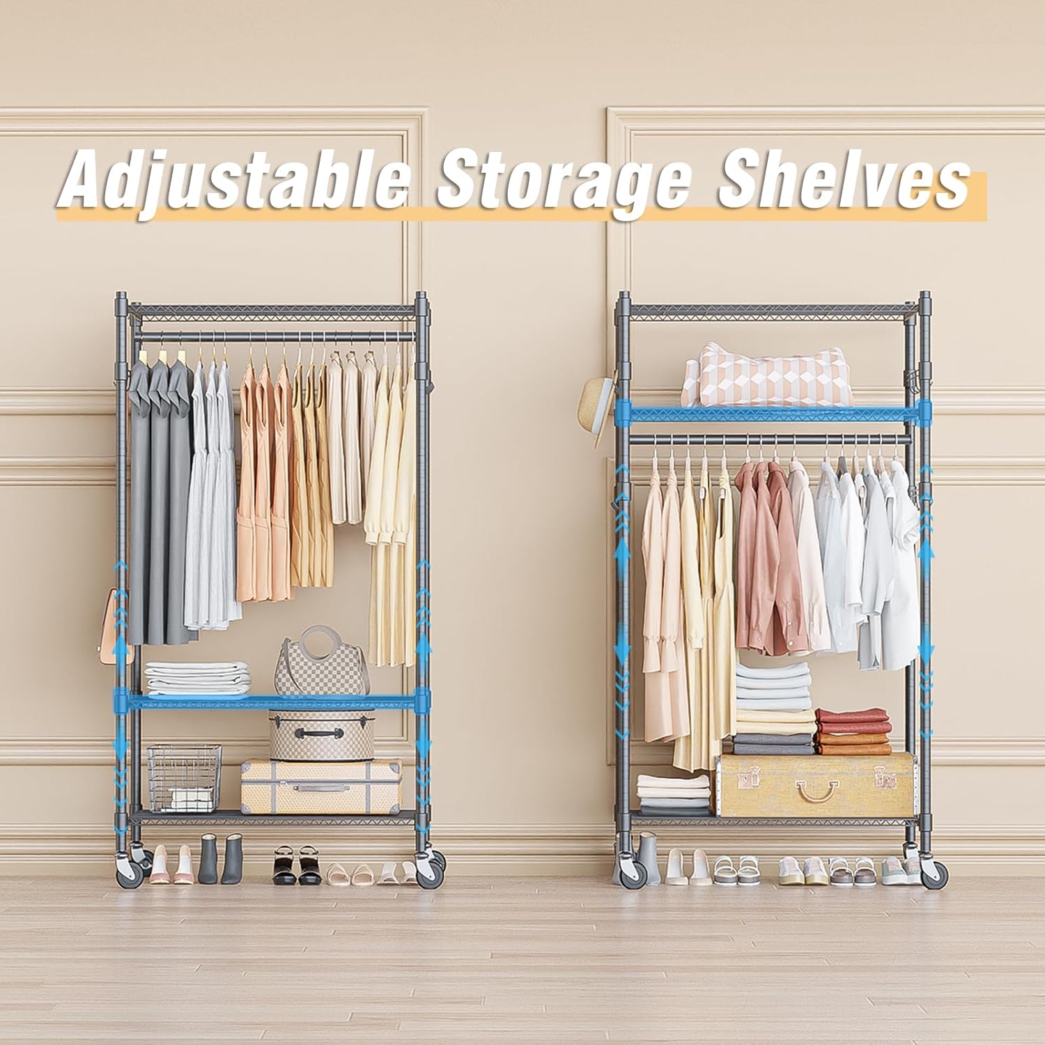 Homdox Garment Rack Heavy Duty, 3 Tier Rolling Clothing Racks for Hanging Clothes, Metal Wardrobe