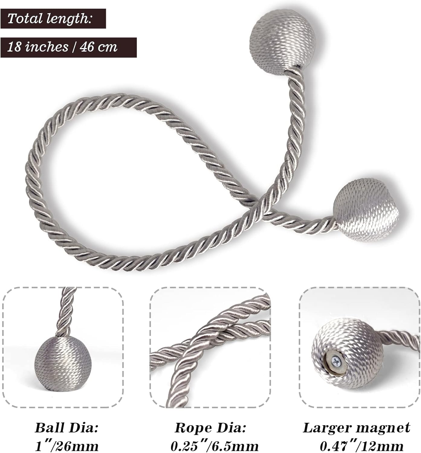 Hion Magnetic Curtain Tiebacks Grey 2pcs, Curtain Tiebacks Buckles Holdbacks Holders Hooks Clip for
