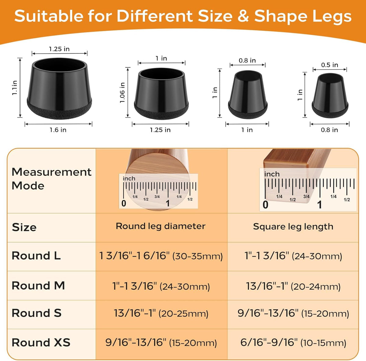24 PCS Silicone Chair Leg Floor Protectors Medium Fit (1"-1.2") Rubber Felt Furniture Pads Chair