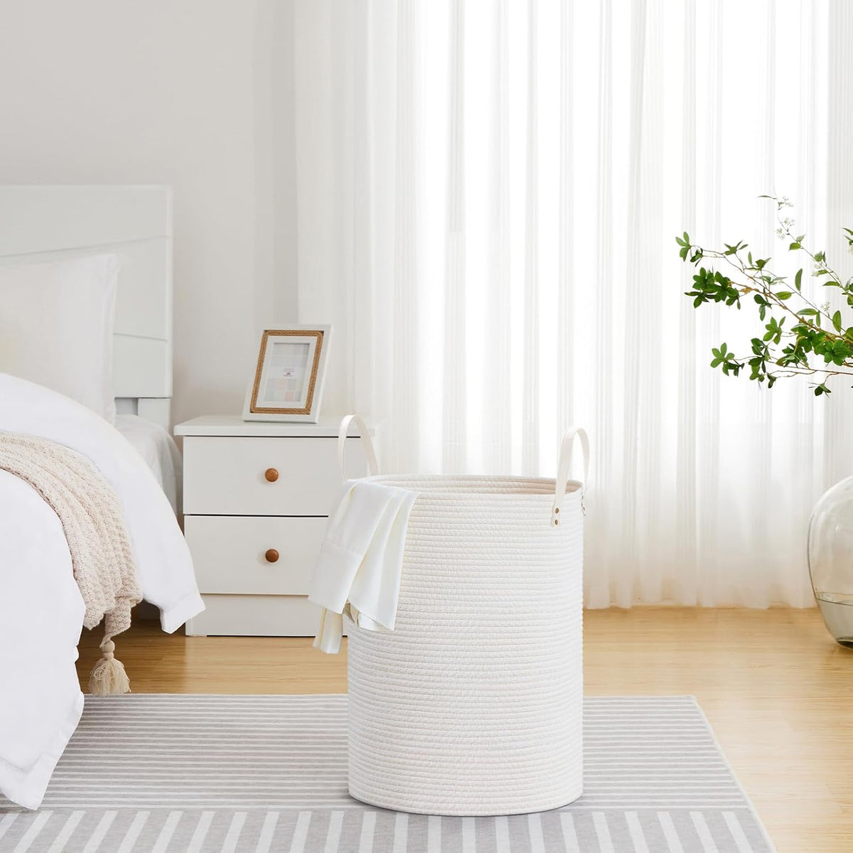 VIPOSCO Tall Laundry Basket, Large Dirty Clothes Hamper with Leather Handle, Woven Rope Storage