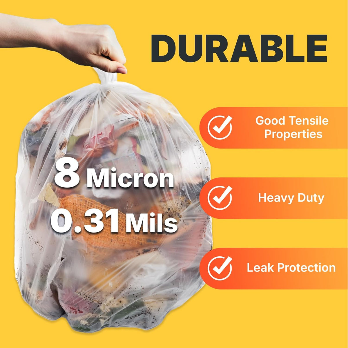 12-16 Gallon Trash Bags, 8 Micron High Density Garbage Can Liners Bulk, 24" x 33", Natural Clear