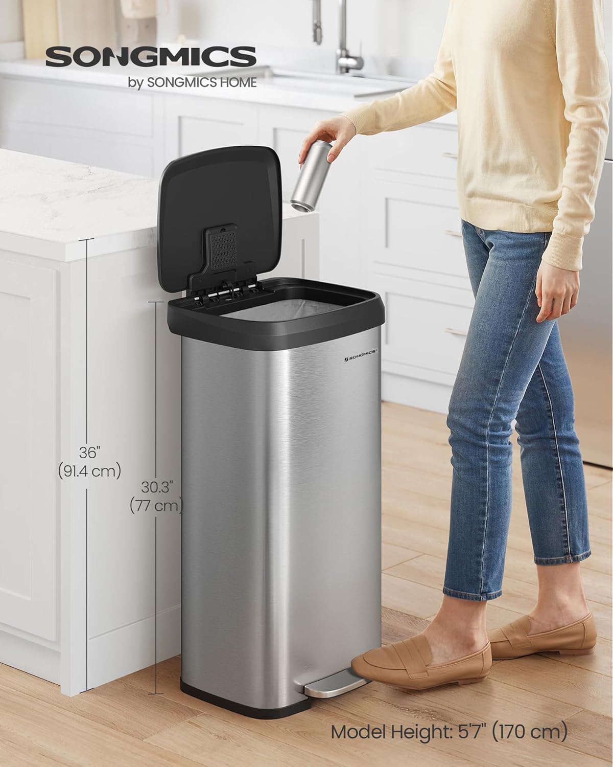 SONGMICS Kitchen Trash Can, 18-Gallon Stainless Steel Garbage Can, with Stay-Open Lid and Step-on