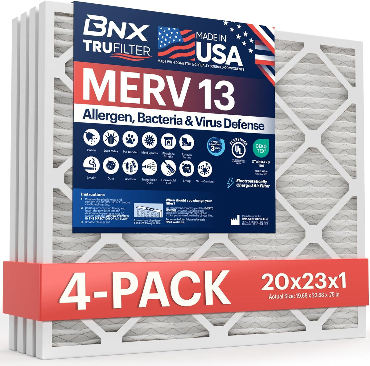 BNX TruFilter 20x23x1 Air Filter MERV 13 (4-Pack) - MADE IN USA - Electrostatic Pleated Air