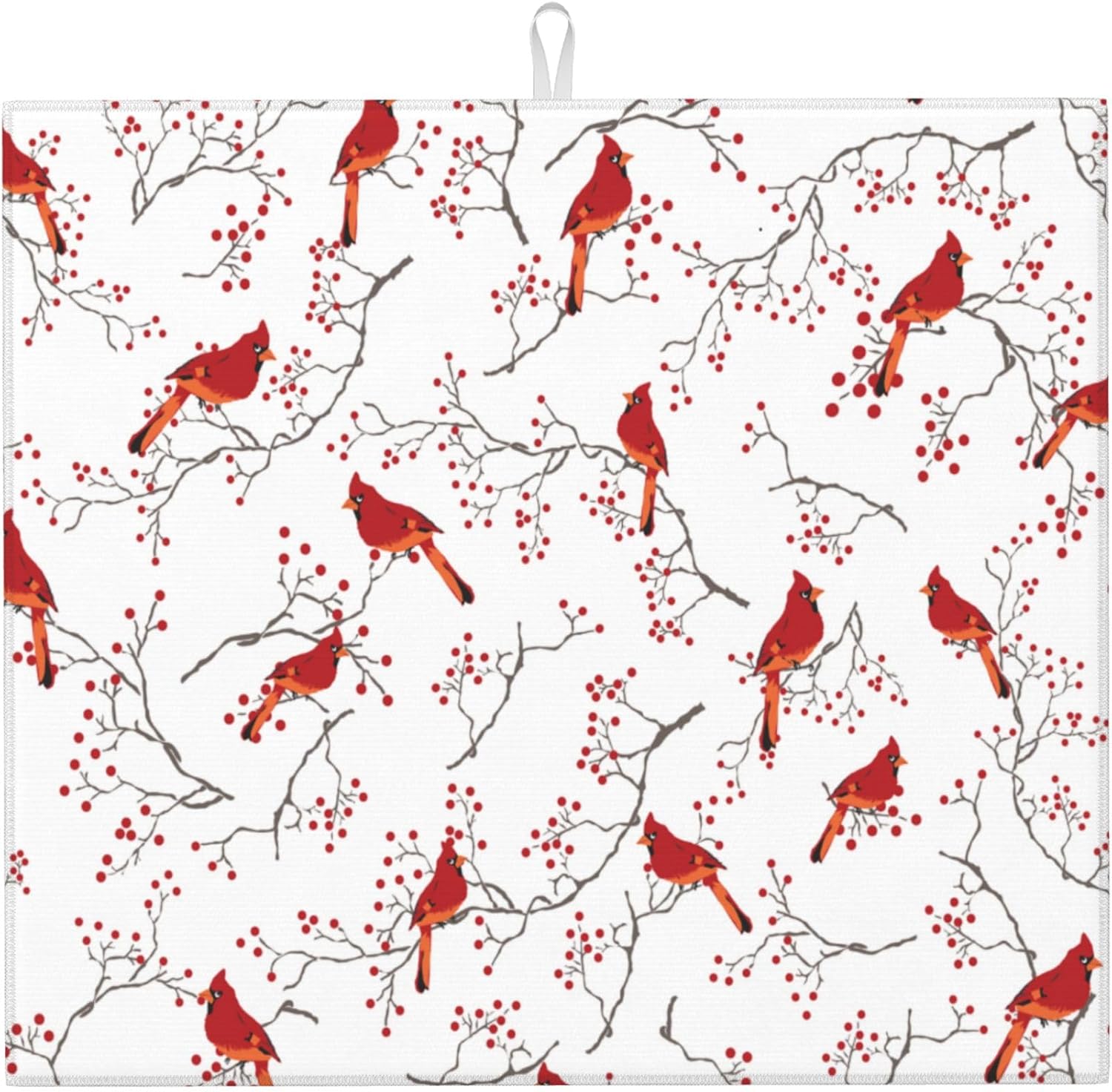 Cardinal Bird Red Berry Decor Kitchen Drying Mat Cute Microfiber Dish Drainer Mat for Kitchen