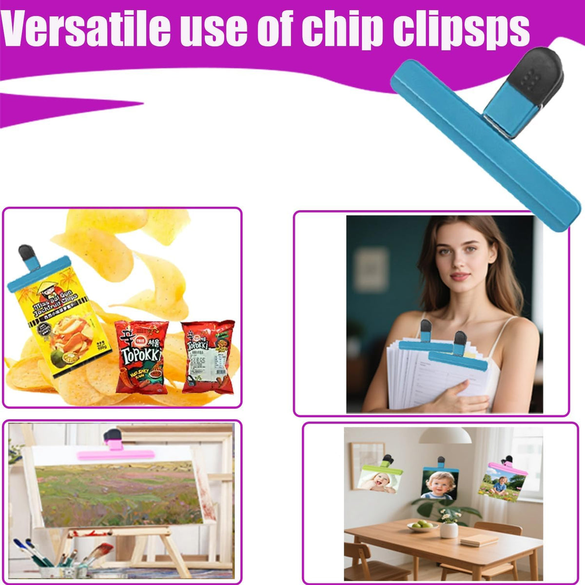 6 Pack Heavy Duty Bag Clip - Large Food Storage Clips for Chips, Snacks, Seal Bags - Durable