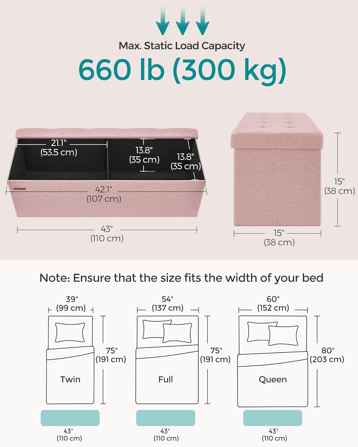 SONGMICS MAZIE Collection - 43 Inches Folding Storage Ottoman Bench, Ottoman Foot Rest, End of Bed