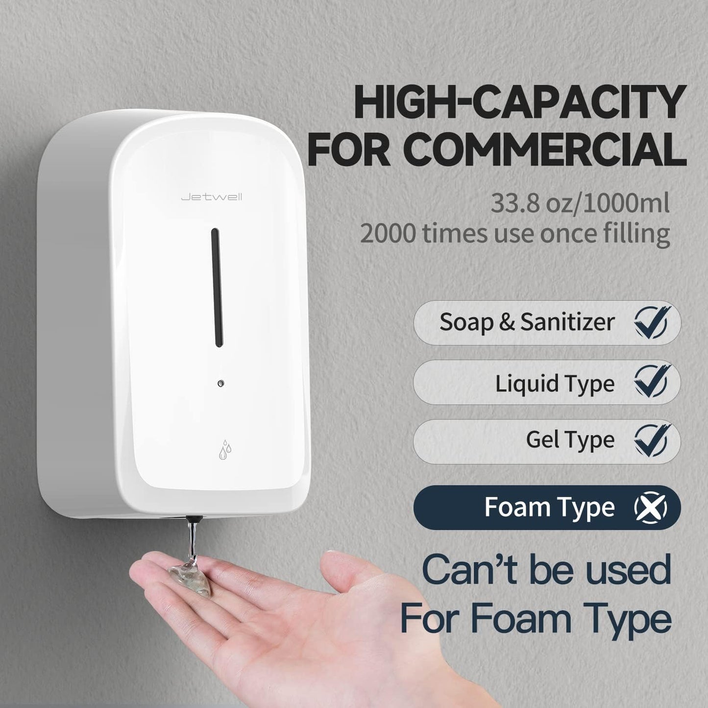 JETWELL Automatic Touch-Less Wall Mount Hand Soap Dispenser Liquid Drop Battery Operated, White