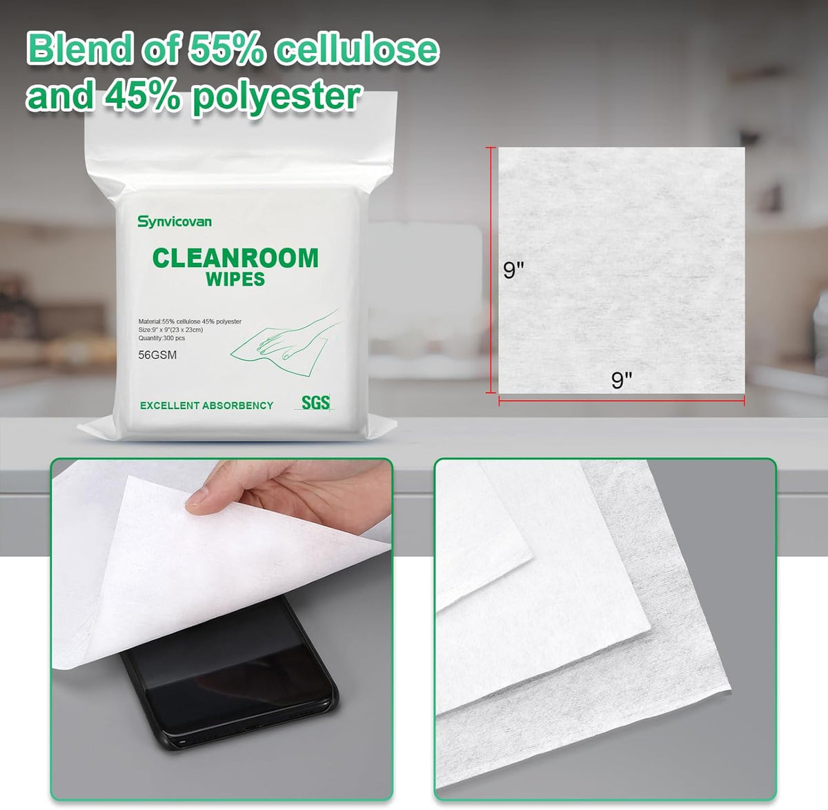 Cleanroom Wipes 9"x9" (300 Pcs, Cellulose/Polyester Blend, Grade B, 56GSM) Lint Free Wipes for