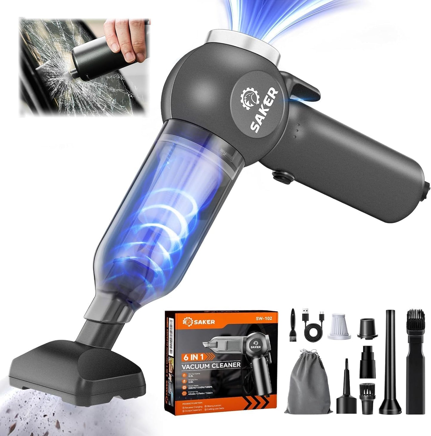 Saker Portable Car Vacuum Cordless 20000Pa 6 in 1 Multifunctional Adjustable Small Handheld Vacuum