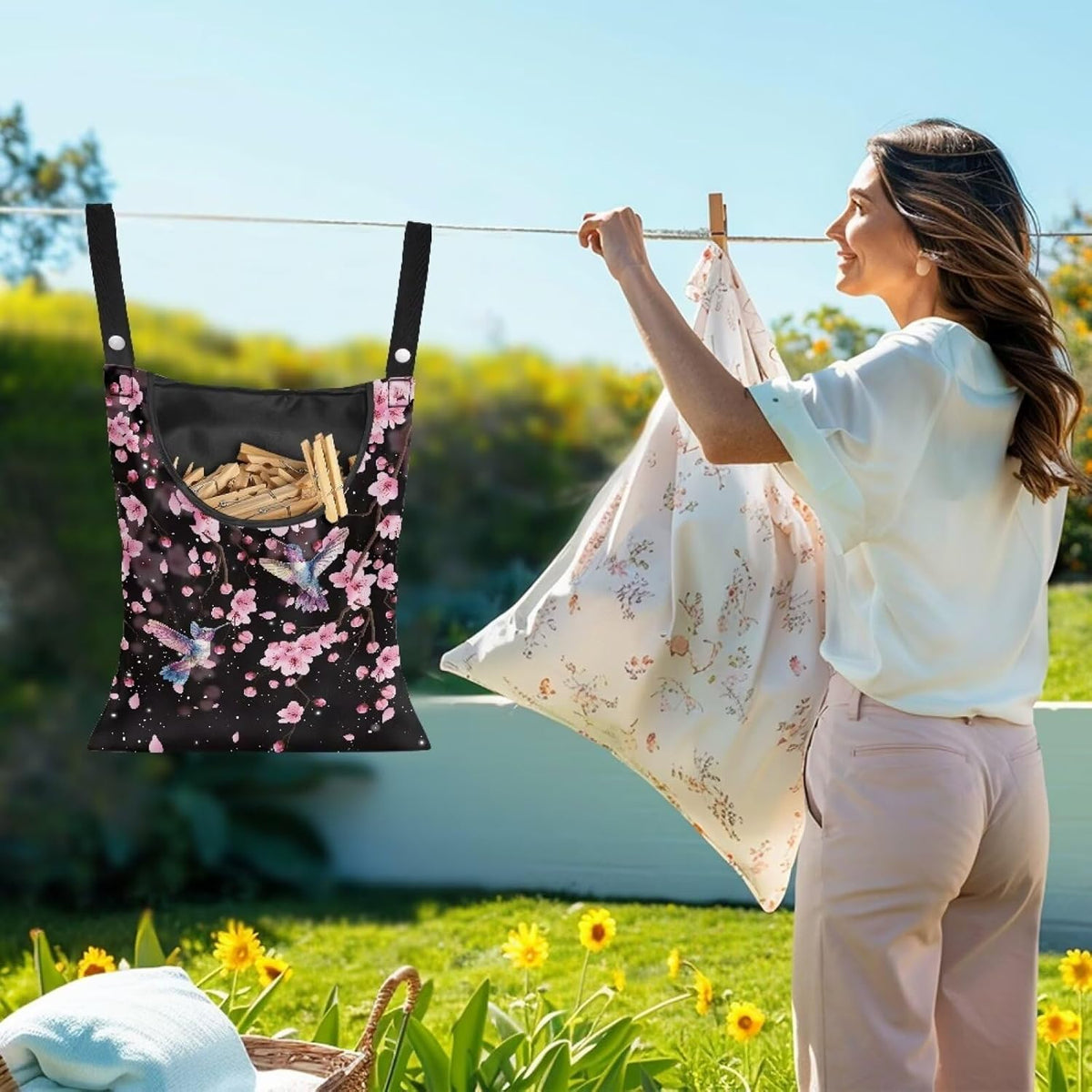 Waterproof Clothespin Bag with Hanger Hook Cherry Blossom Hummingbird - Large Opening Organizer for