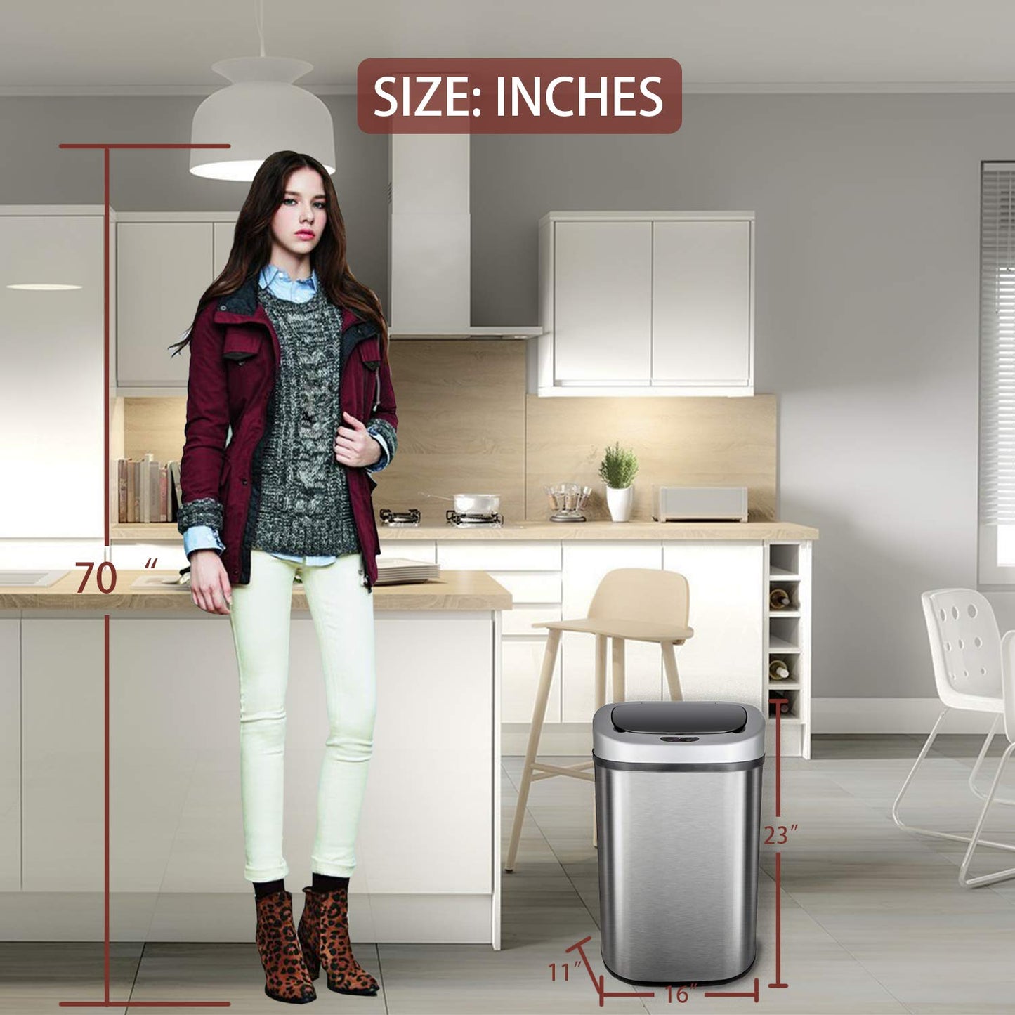 HCB Trash Can Automatic Waste Bin Mute Metal Garbage Can with Lid Stainless Steel 13 Gallon 50