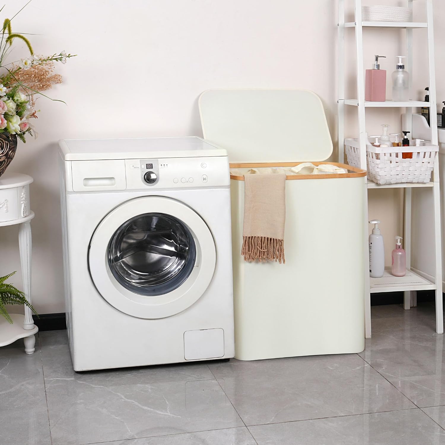 efluky Laundry Hamper with Lid, 160L Tall Laundry Basket with Bamboo Handles for Clothes and Toys
