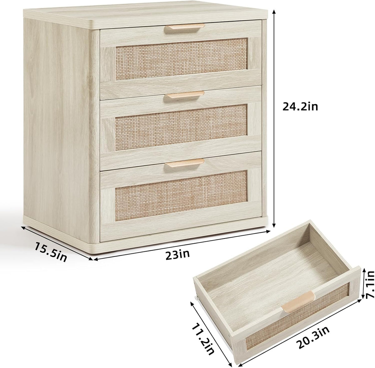 LEYAOYAO Rattan Night Stand with Drawers, 23" Large 3 Drawer Boho Nightstand, Grey White Bedside
