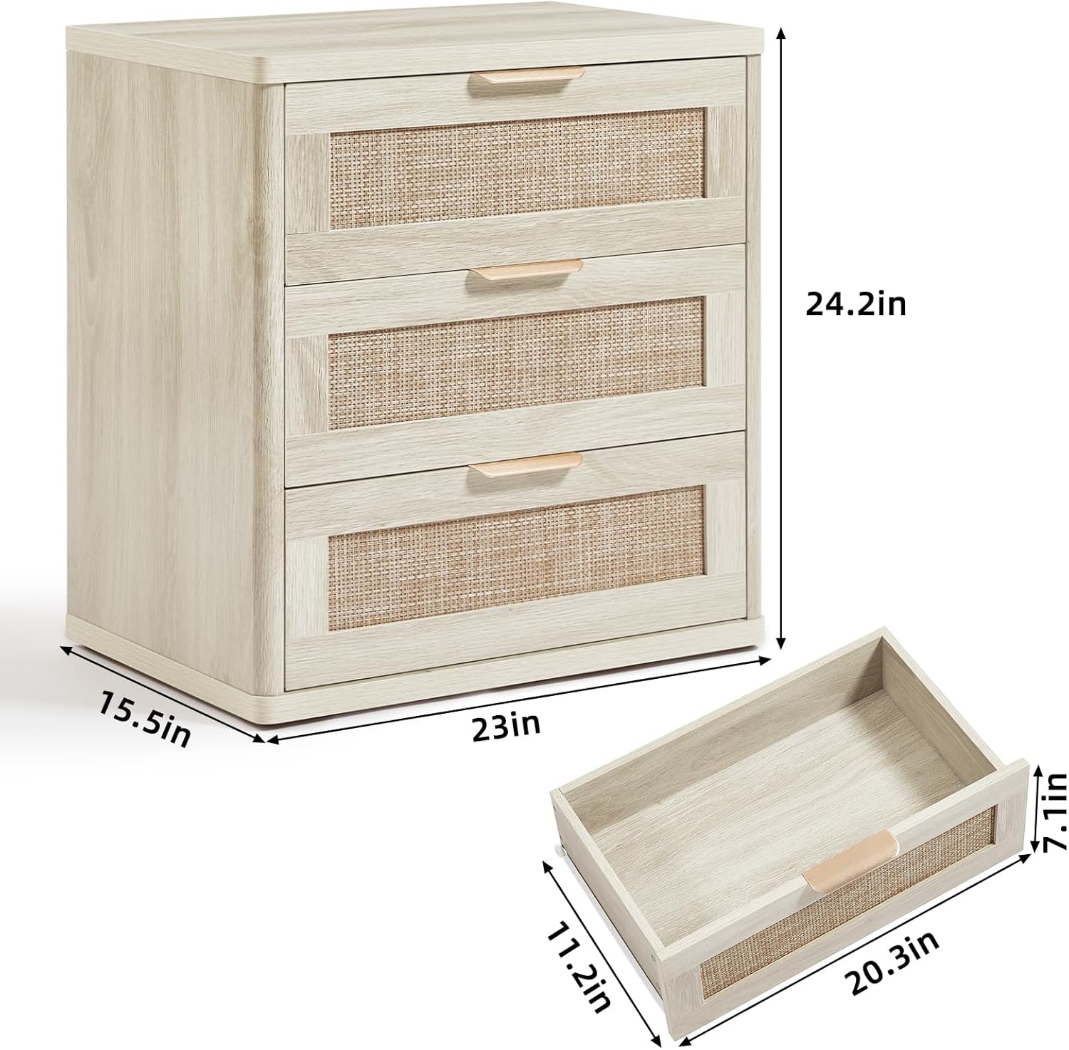 LEYAOYAO Rattan Night Stand with Drawers, 23" Large 3 Drawer Boho Nightstand, Grey White Bedside