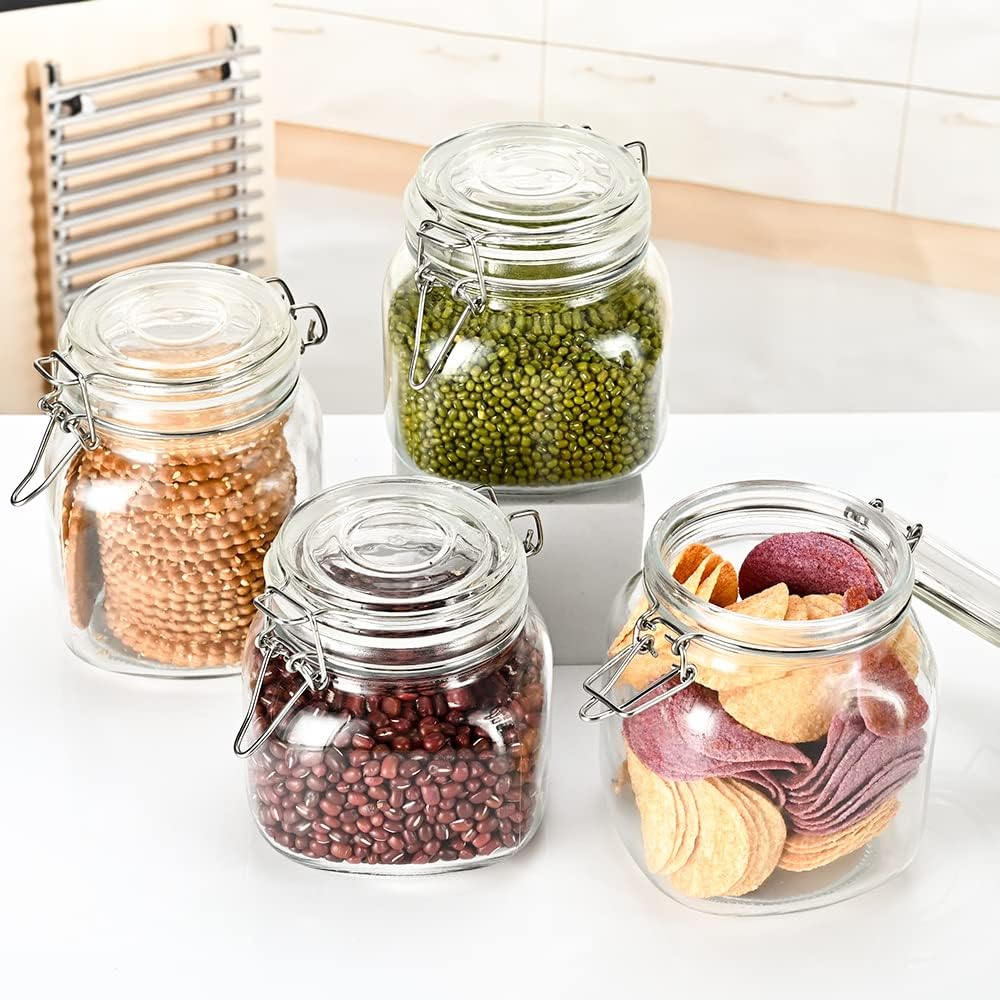 32oz Glass Food Storage Jars with Airtight Clamp Lids,Set of 4 Airtight Glass Canister Square