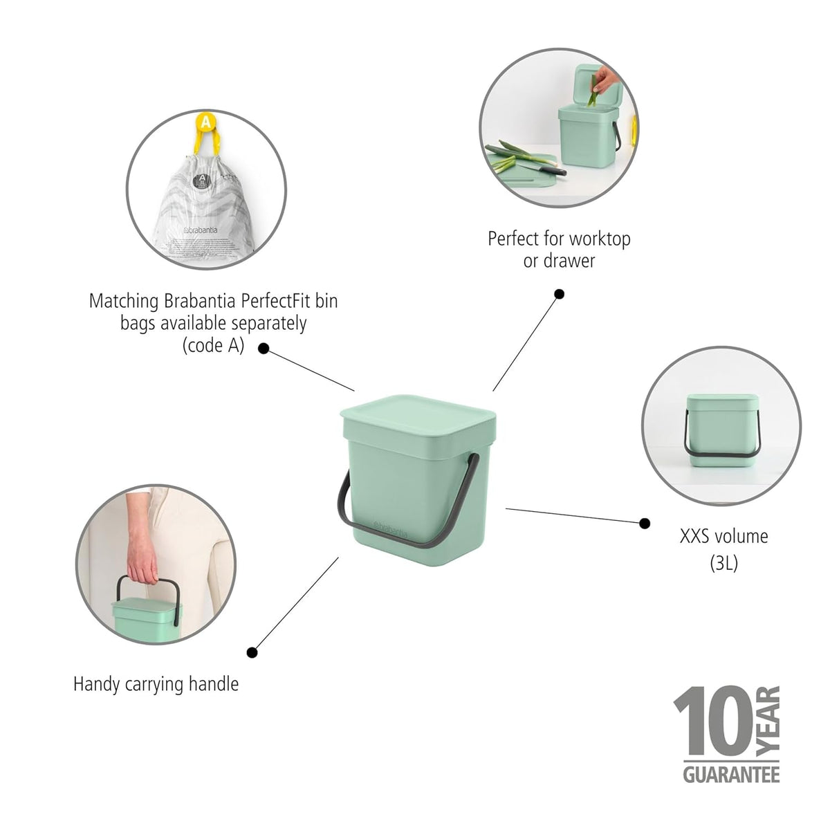 Brabantia Sort & Go Food Trash Can (0.8 Gal/Jade Green) Small Countertop Kitchen Compost Caddy with