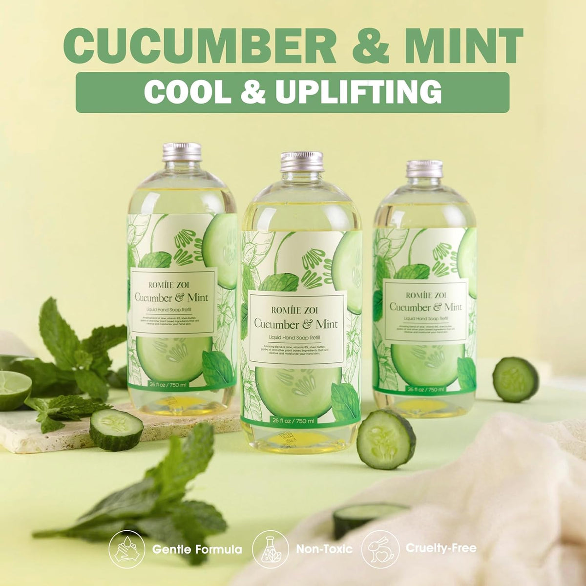 ROMIIE ZOI Liquid Hand Soap Refills Gift Set – Cucumber & Mint Scent – 3 Pack (26 Fl Oz Each)