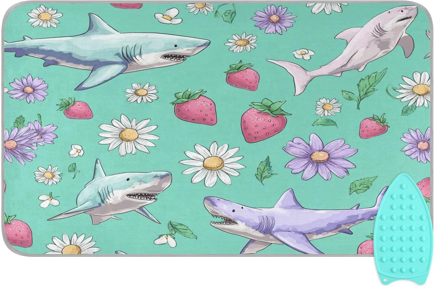 Mint Green Sharks Strawberry and Daisy Ironing Mat for Table top Portable Ironing Pad Blanket for