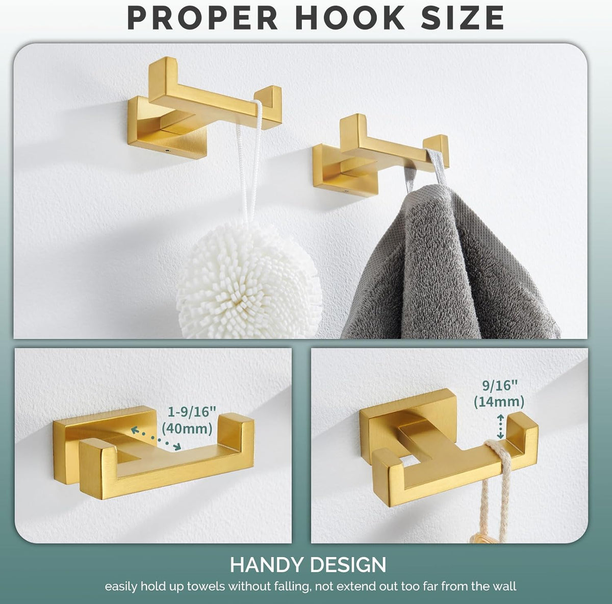 Angle Simple Double Towel Hook Brushed Gold 2 PCS, SUS304 Stainless Steel Bathroom Hand Towel
