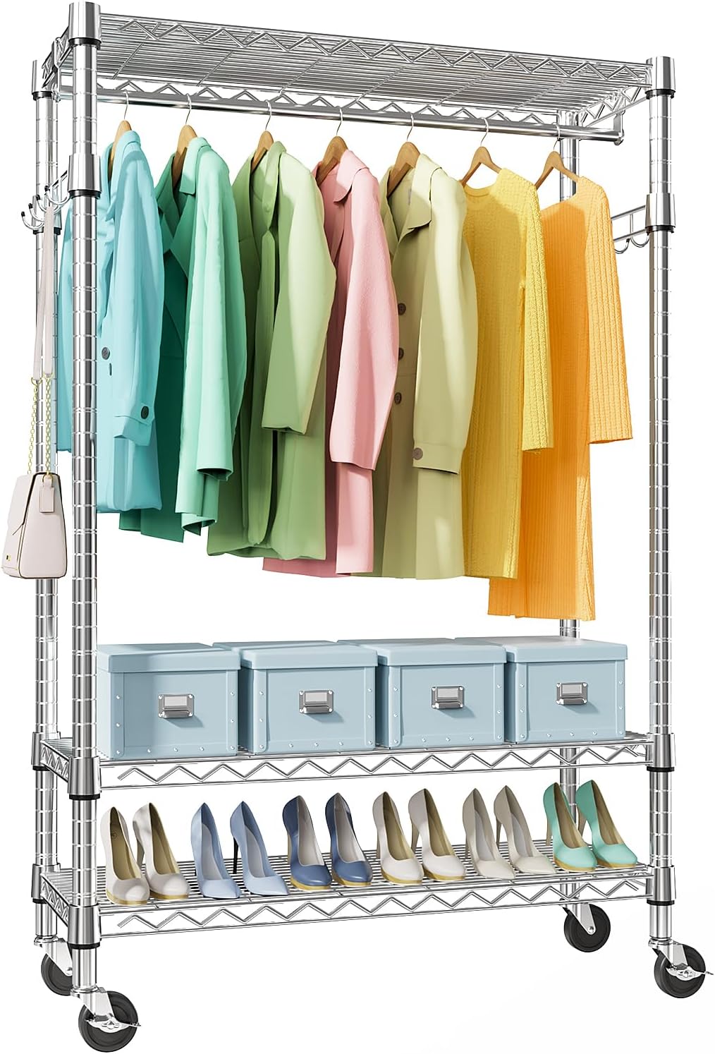 Heavy Duty Rolling Garment Rack 3 Tiers Adjustable Wire Shelving Clothes Rack with Rods and Side