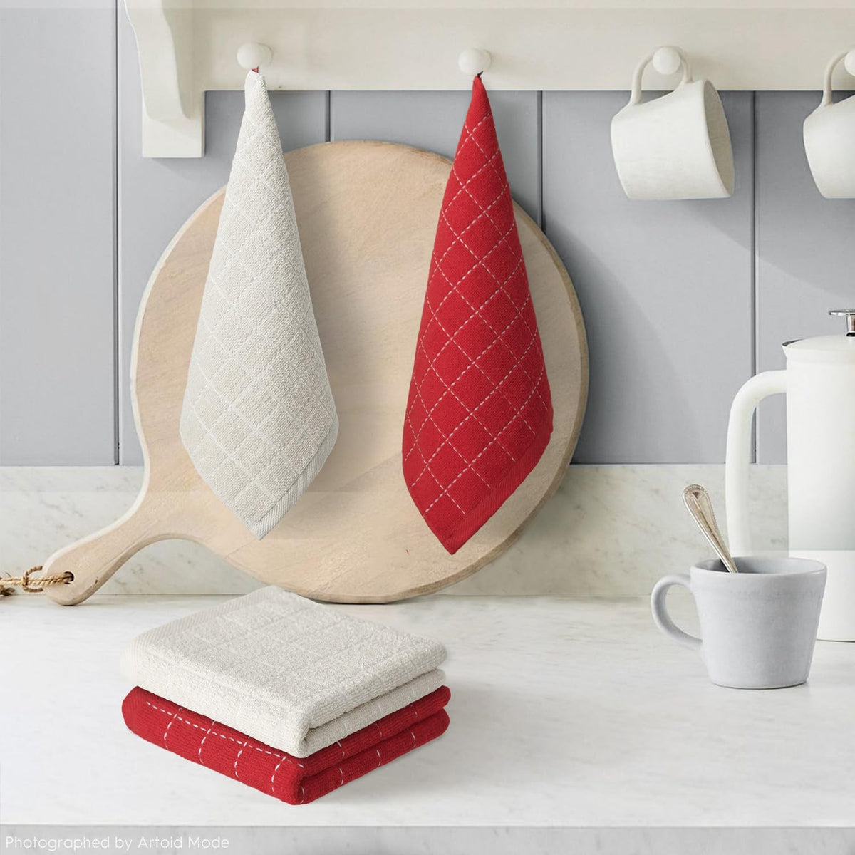 Artoid Mode Checkered Designed Cotton Beige Red Terry Kitchen Dish Cloths, 12x12 Inch Soft