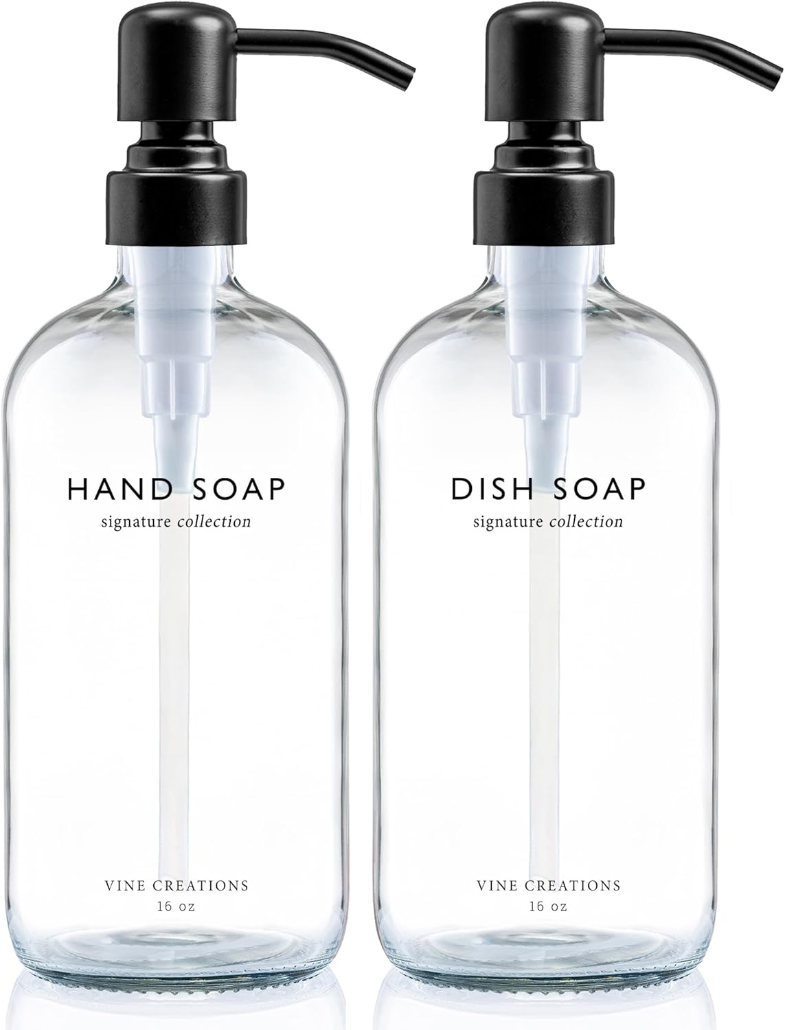 Vine Creations Clear Glass Soap Dispenser Set, Dish Soap and Hand Soap Dispenser Set with Stainless