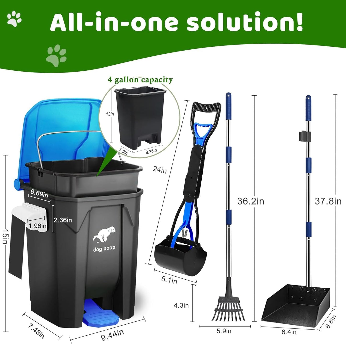 Dog Poop Trash Can Outside with Pooper Scooper and Metal Rake & Tray, 20L/5Gal Dog Waste Trash Can