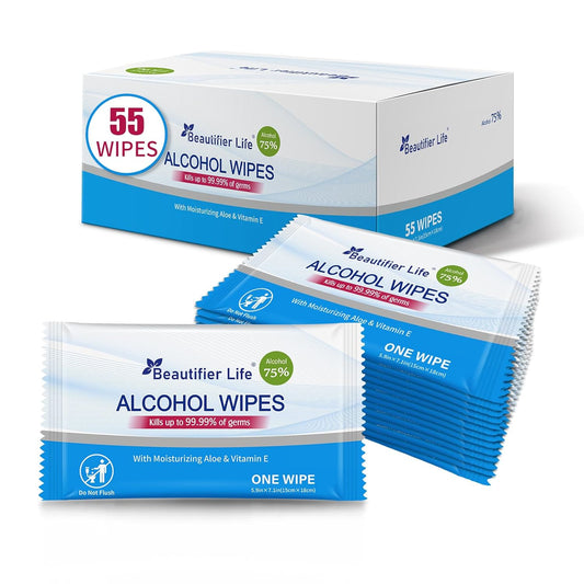 All - Purpose Travel Wipes, 55 Individually Wrapped 75% Alcohol Antibacterial Hand Sanitizing Wipes