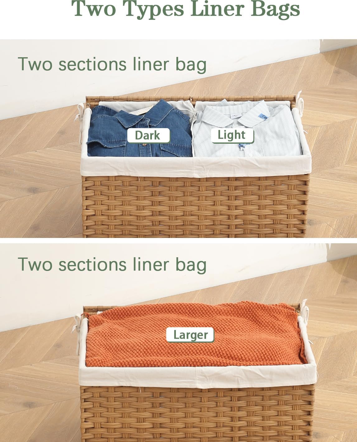 Storage Basket with Lid Rattan Storage Basket with 2 Separate Lid, 27.8 Gallon (105 L) 25.2 * 15.4