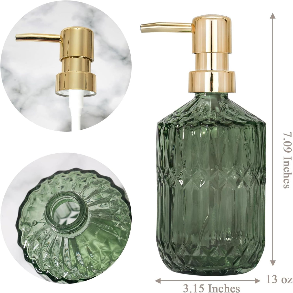 Glass Soap Dispenser Green Bottle Gold Plastic Pump Refillable Kitchen Sink Countertop Hand Dish