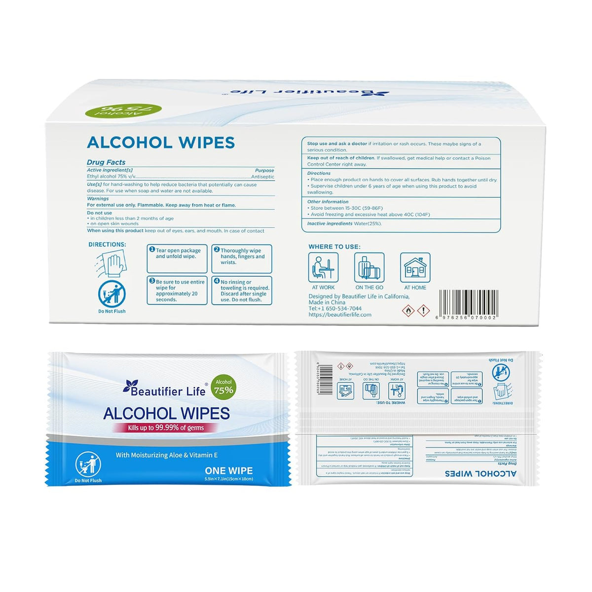 100 Count Individually Packed Hand Sanitizing Wipes - 75% Alcohol Formula with Aloe, Moisturizer