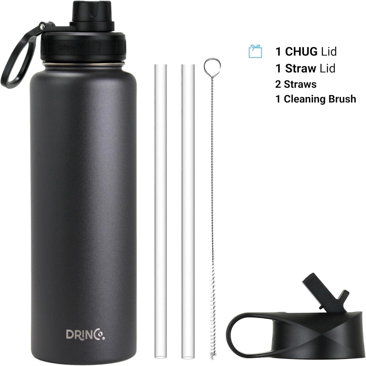 DRINCO Stainless Steel Water Bottle Spout Lid Vacuum Insulated Double Wall Water Bottles Wide Mouth