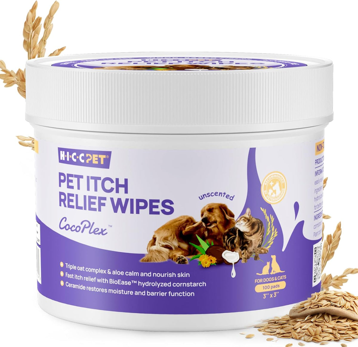 HICC PET Itch Relief Wipes for Dogs & Cats, Rapidly Relieves Itching, Soothes Hot Spots and Skin