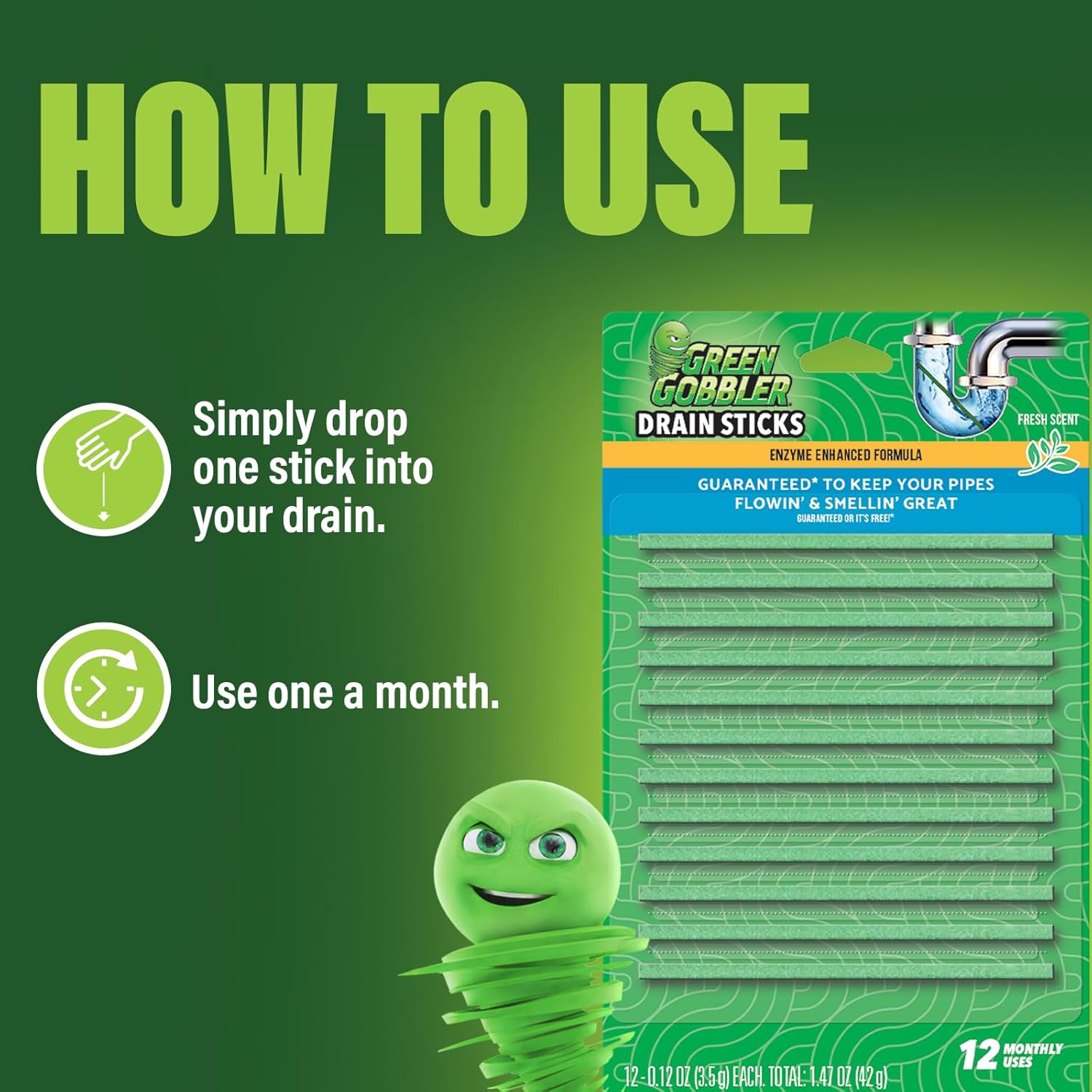 Green Gobbler Drain Cleaner and Deodorizer Sticks with Enzymes - Maintain a Clean Drain, Safe for