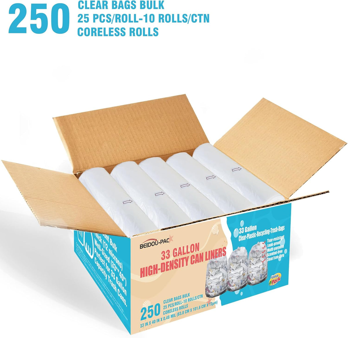 33 Gallon Trash Bags, 250 Count Bulk, Heavy Duty Clear Plastic Recycling Garbage Bags