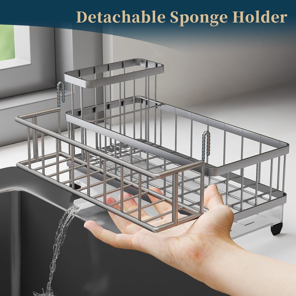 Consuemst Sponge Holder for Kitchen Sink - Auto Draining Sink Caddy Organizer with Detachable Rack