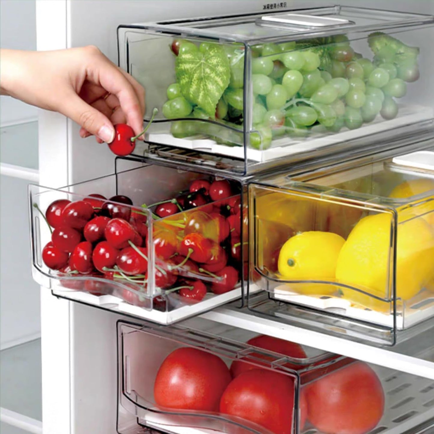 2 Pack Fruit Storage Containers for Fridge with Drain Board, Stackable Refrigerator Organizers and