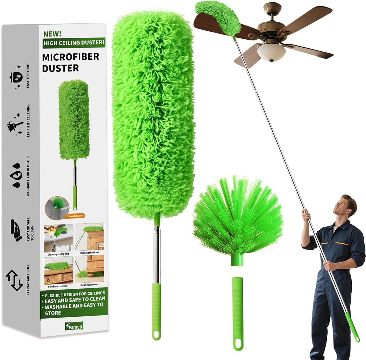 Cobweb Duster with Extension Pole, Washable Cleaning Duster Set with 2 Duster Heads, Corner Brush