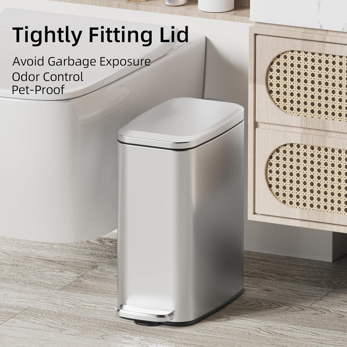KUK Slim Bathroom Trash Can with Lid, 1.6 Gal / 6L Stainless Steel Small Garbage Bin with
