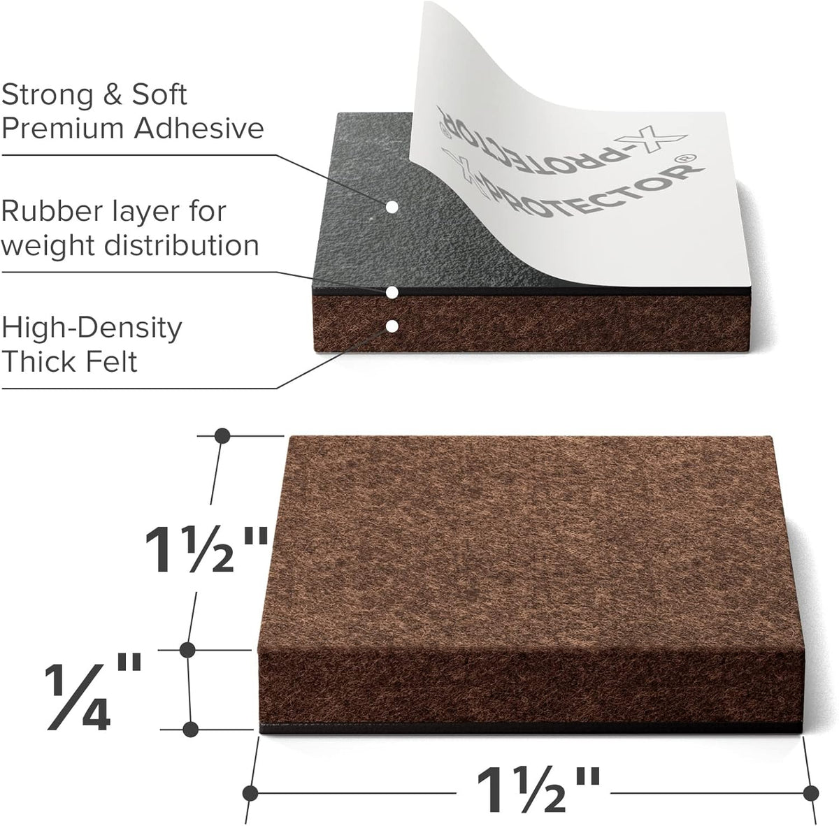 24 Heavy-Duty Felt Furniture Pads 1.5” 1/4” Thick X-Protector! Square Felt Pads for Furniture Feet