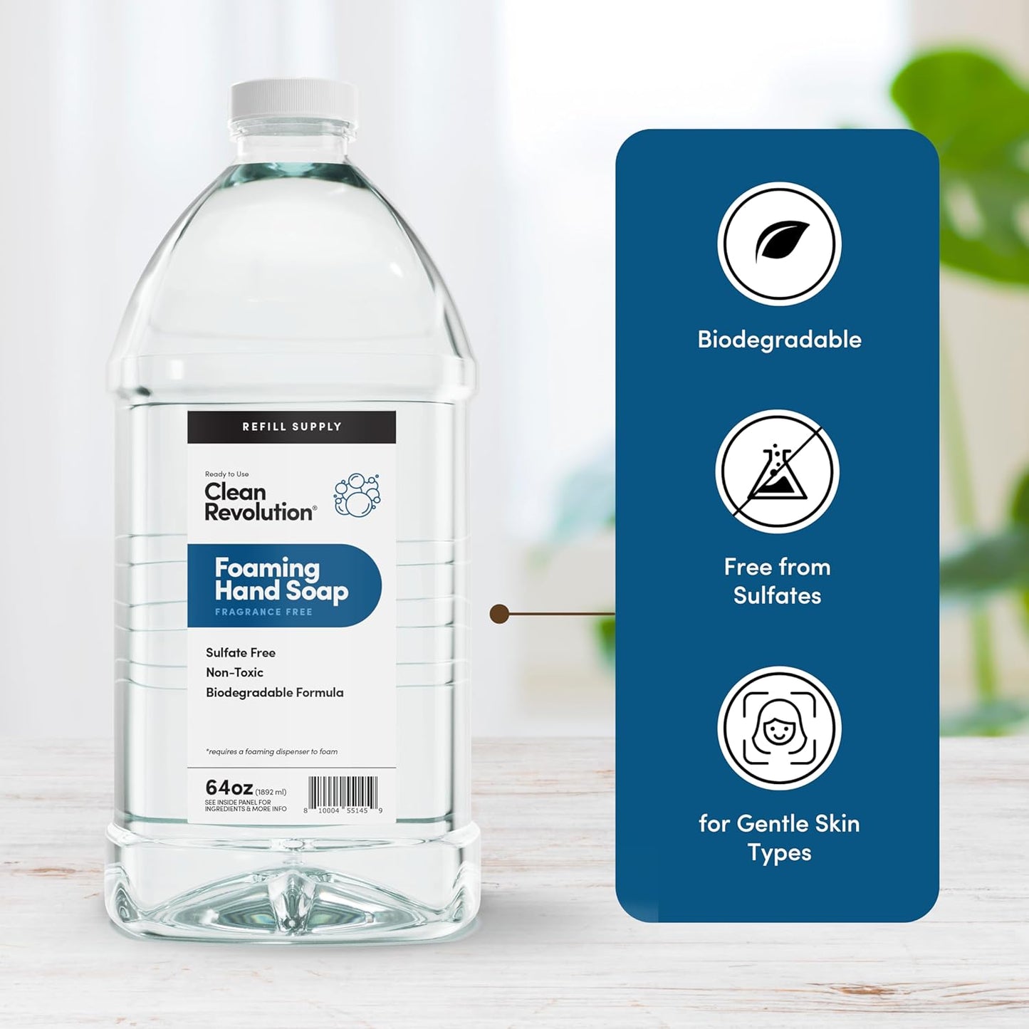 Clean Revolution Foaming Hand Soap Refill Supply Container, Ready to Use Formula, Fragrance Free