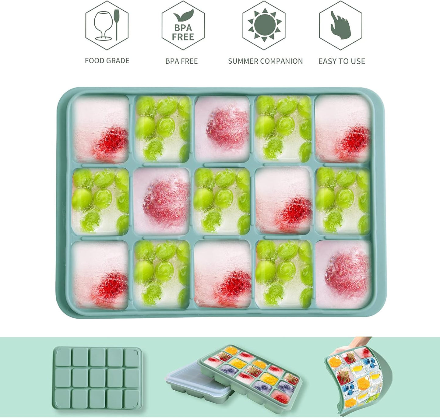 Ice Cube Trays Set of 2, Easy Release 15 Flexible Silicone Ice Cube Molds with Removable Lid