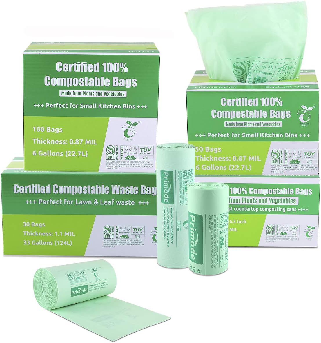 Primode Compostable Bags 6 Gallon Food Scraps Yard Waste Bags, 50 Count, Extra Thick 0.87 Mil.